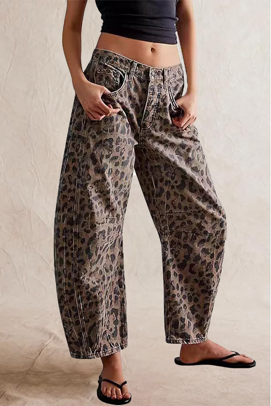 Imelda® | Lässige, lockere Street-Denim-Jeans mit Leopardentasche und mittelhoher Taille