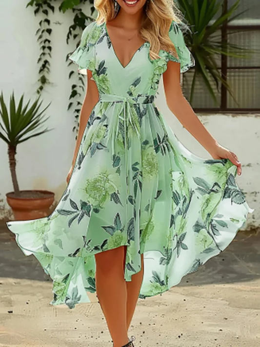 Sara – Geblümtes Urlaubs-Chiffonkleid mit regulärer Passform und Gürtel