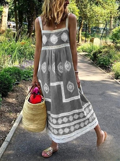 Nadia – Langes Bohemian-Festkleid mit Grafik für Damen