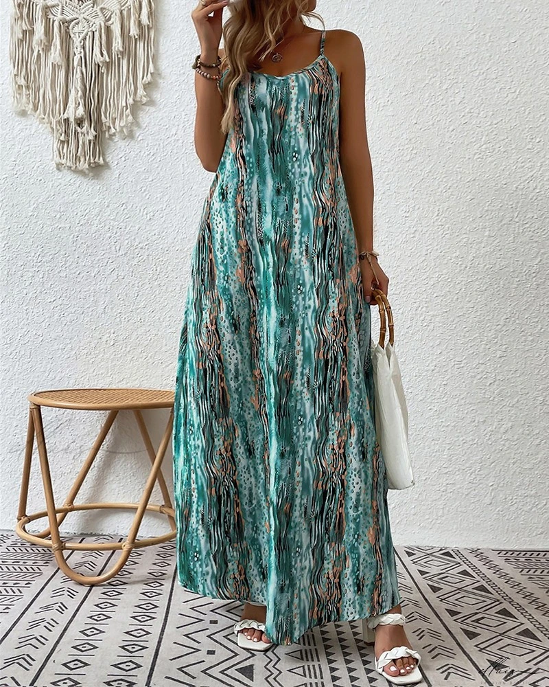 Rebecca – Schickes Maxikleid mit Spaghettiträgern und abstraktem Druck