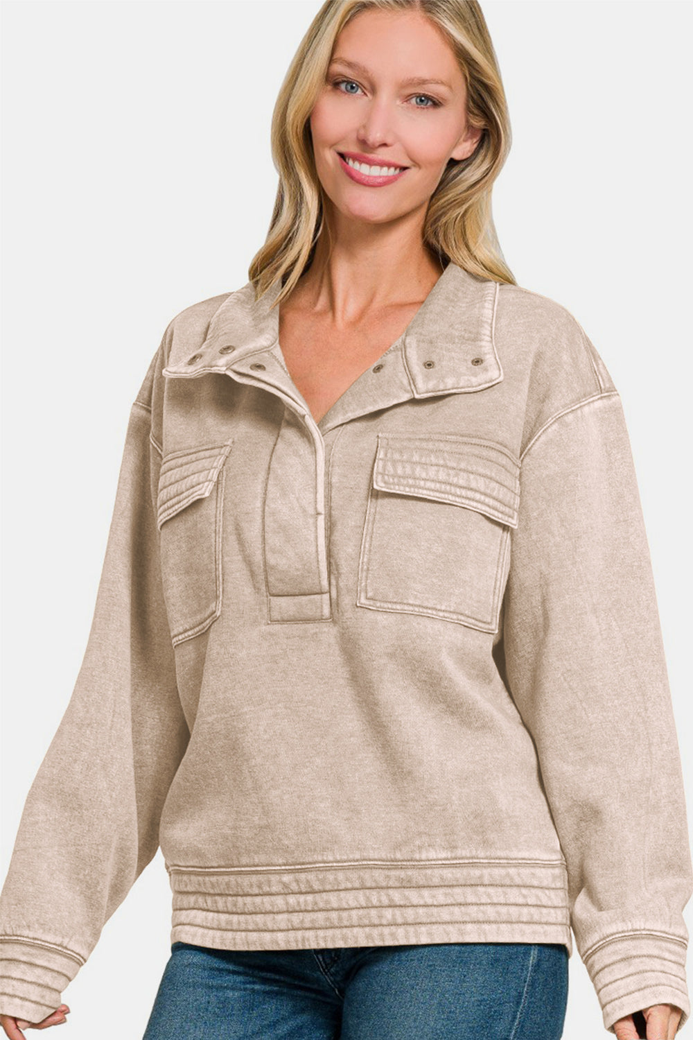 Adriana® | Zenana Acid Washed Half Snap Fleece Sweatshirt