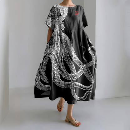 Lässiges Kunst-Maxikleid mit japanischem Kunst-Oktopus- und Krabben-Print