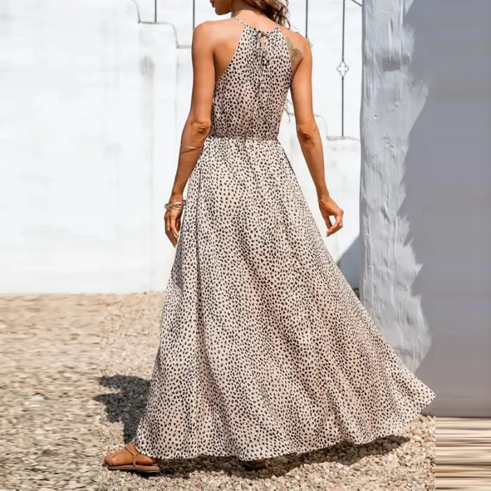 Pamela – Sommerkleid mit Leopardenmuster, Neckholder, ärmellos, schmaler Taille und Bindeschlitz für Damen