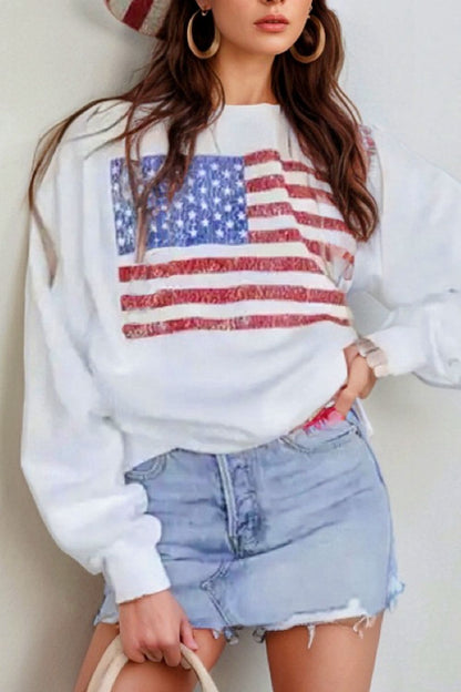 Xandra® | Langarm-Sweatshirt mit Rundhalsausschnitt und US-Flagge