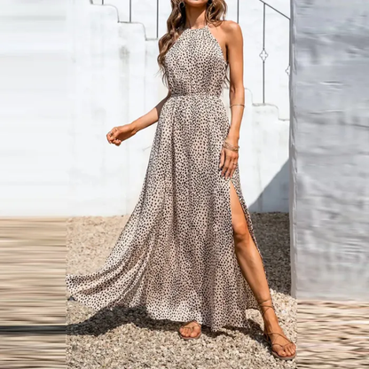 Pamela – Sommerkleid mit Leopardenmuster, Neckholder, ärmellos, schmaler Taille und Bindeschlitz für Damen