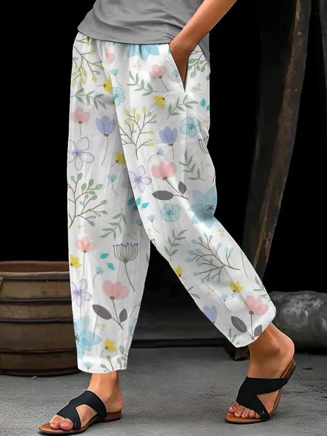 Fiona – Damen-Freizeithose mit Blumenmuster und Schnürung, elastischer Taille