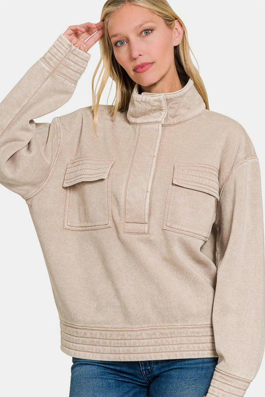 Adriana® | Zenana Acid Washed Half Snap Fleece Sweatshirt