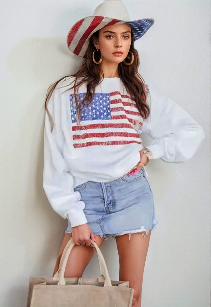 Xandra® | Langarm-Sweatshirt mit Rundhalsausschnitt und US-Flagge